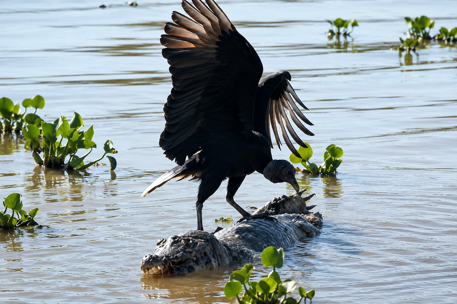 Urubu tenta comer jacaré e cena chama atenção no Pantanal