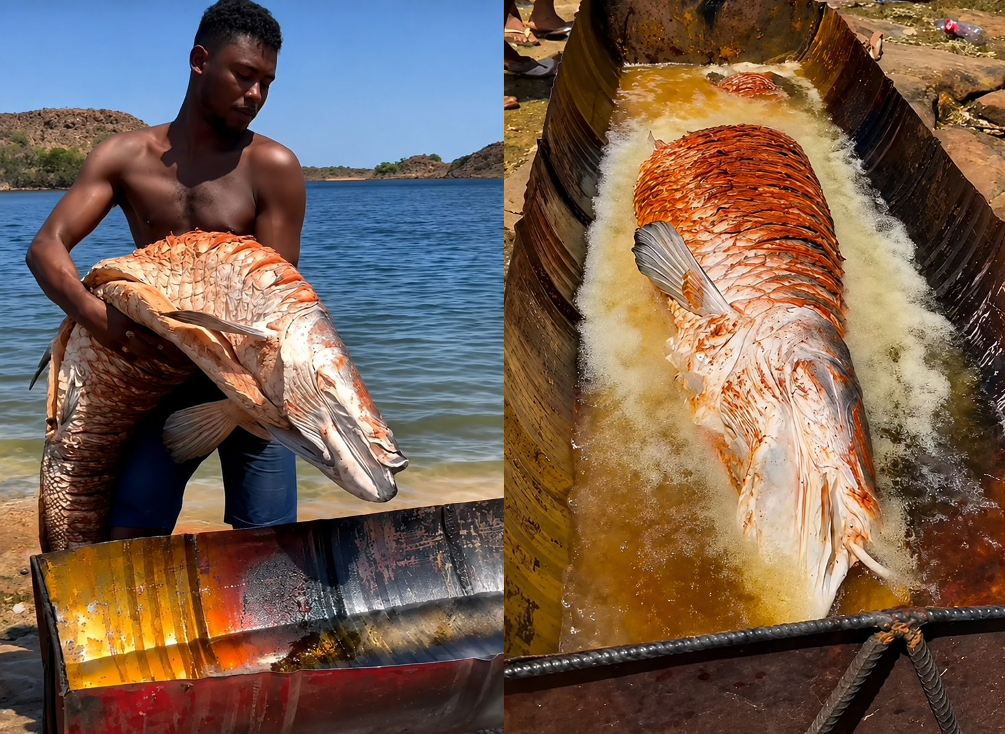 Pescador impressiona ao fritar um pirarucu inteiro; veja vídeo