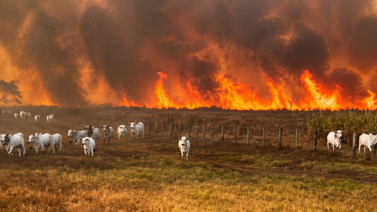Vídeo flagra gado fugindo de incêndio que avança por Jangada há quase uma semana